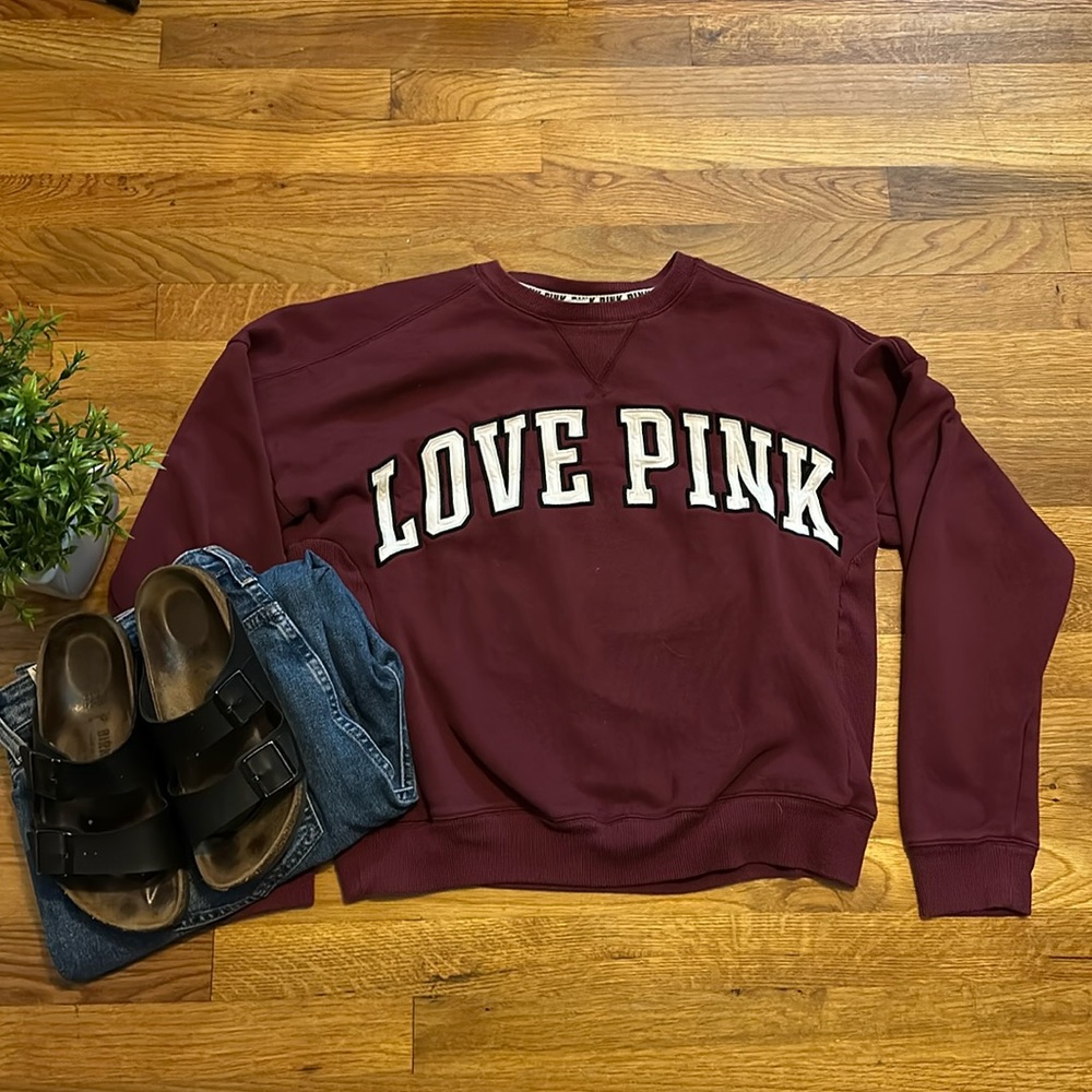 PINK Victoria's Secret 'Love Pink' Crewneck Sweatshirt in Burgundy